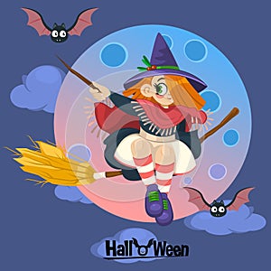 Happy Halloween! Vector illustrations of witch and bats on the moon