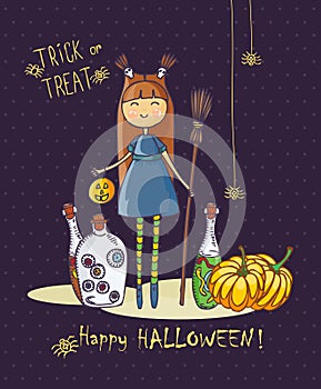 Happy Halloween vector invitation card with cute witch and pumpkins