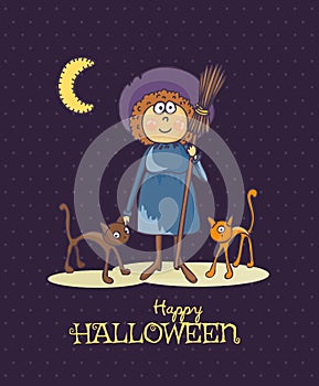 Happy Halloween vector invitation card with witch and two cats