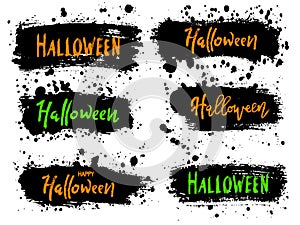 Happy Halloween vector lettering on black splash background. Hol