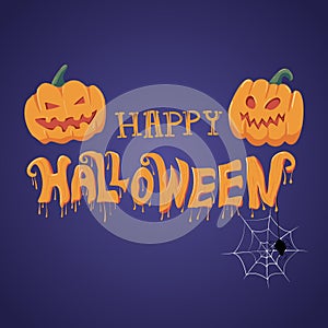 Happy Halloween vector lettering with pumpkin, calligraphy, spider and web for banner, poster, greeting card, party invitation, Is