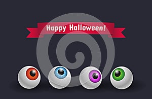 Happy Halloween! Vector postcard with different scary 3d eyeballs and text on red ribbon