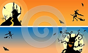 Happy Halloween vector poster  with castle, witch and scary tree.