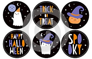 Happy Halloween Vector Stickers with Little Ghosts and Cute Pumpkin.