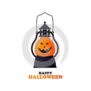 Happy Halloween vector template card with cute cartoon pumpkin light