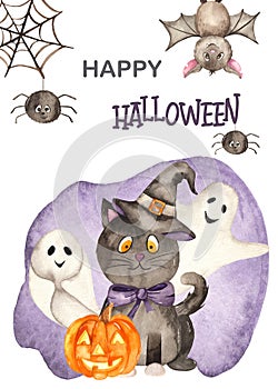 Happy Halloween watercolor card with black cat, ghosts, bats, spider, pumpkin