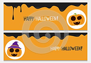 Happy halloween website header set with pumpkin characters.