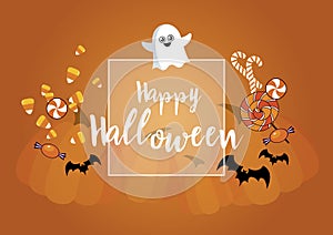 Happy Halloween wishes with ghost, sweets, bats and pumpkins vector