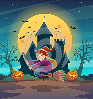 Happy halloween witch character flying on broomstick with dark night castle and moon
