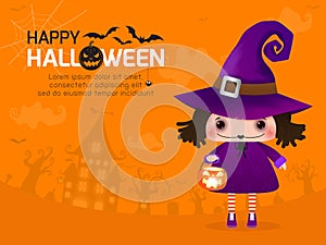 Happy Halloween witch cute girl and pumpkin, halloween banner, halloween trick or Treating background, Template for advertising