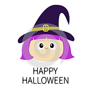 Happy Halloween. Witch girl face wearing curl hat. Cartoon funny spooky baby magic character. Cute head. Greeting card. Flat desig