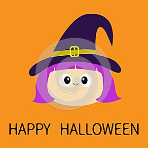 Happy Halloween. Witch girl face wearing curl hat. Cartoon funny spooky baby magic character. Cute head. Greeting card. Flat desig