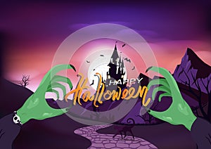 Happy Halloween, witch hand poster invitation greeting card, castle with full moon, fantasy horror gothic style background vector