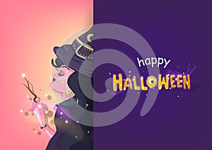 Happy Halloween, witch magic celebrate greeting card, festive party holiday, cartoon characters vector illustration