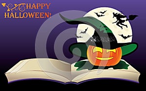 Happy Halloween. Witch old book and moon