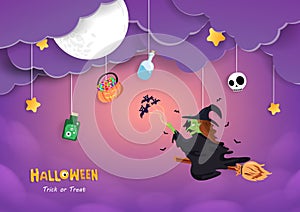Happy Halloween, witch is riding on sky cloudy, cute greeting card, paper cut hanging style, invitation poster vector background