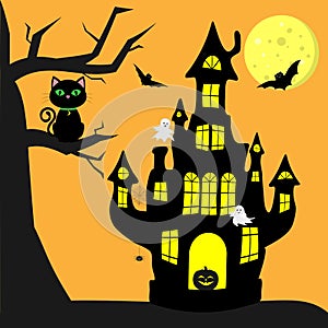 Happy Halloween. A witch s castle with a pumpkin, a black cat sitting on a tree, bats, cobwebs and spiders, a full moon