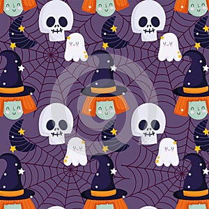 Happy halloween, witch skull ghost hat trick or treat party celebration background