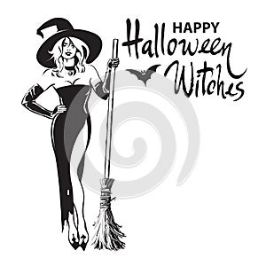 Happy halloween witches hand drawn calligraphy, beautiful sexy witch holding broomstick surrounded by bats