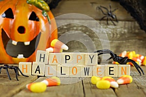 Happy Halloween wooden blocks with candy corn and decor