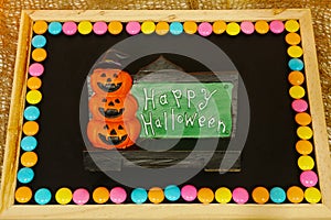 Happy Halloween words decoration with scary pumpkin background