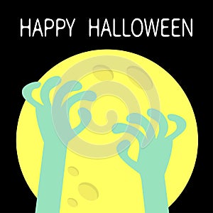 Happy Halloween. Zombie hands rising out of a grave stone. Big yellow moon light. Cute cartoon boo spooky character body part.