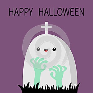 Happy Halloween. Zombie hands rising out of a grave stone. Black grass silhouette. Graveyard. Green color. Cute cartoon boo spooky