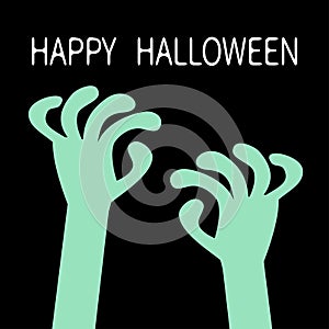 Happy Halloween. Zombie hands rising out of a grave stone. Green color. Cute cartoon boo spooky character body part. Black