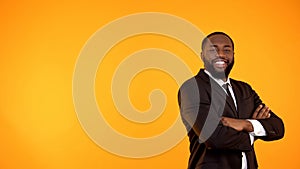 Happy handsome black man in business suit looking to camera and smiling template