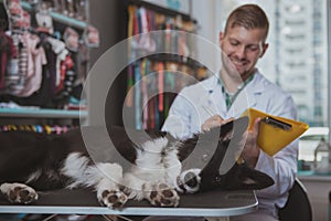 Happy handsome male vet enjoying working with his dog patient