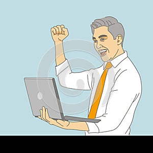 Happy handsome man carrying laptop computer and raising his fist doing yes gesture isolated on blue background