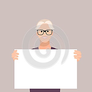Happy handsome man holding/showing/displaying white blank board/banner/poster. Flat style vector