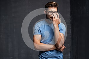 Happy handsome man wear blue t-shirt