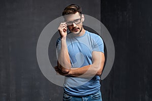 Happy handsome man wear blue t-shirt