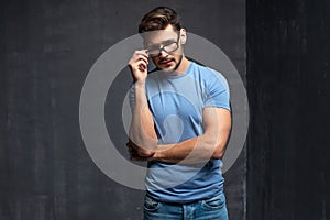 Happy handsome man wear blue t-shirt