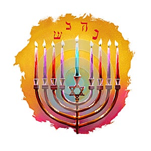 Happy Hannukah, Chanukah digital art illustration. Religious Jewish holiday commemorating the rededication of the Holy Temple in