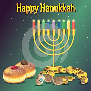 Happy Hanukkah background with menorah candy donut toy spinning top on an isolated background. Vector image