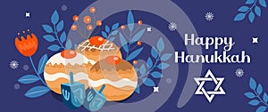 Happy Hanukkah banner, template for your design. Hanukkah is a Jewish holiday. Greeting Card with Sufganiyot, Dreidel