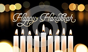 Happy Hanukkah candle lights bokeh and golden calligraphy text for Jewish holiday greeting card design. Vector Chanukah or Hanukah