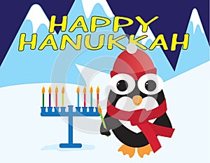 Happy Hanukkah card. Cute penguin standing near a blue menora with colorful candles, holding green candle photo