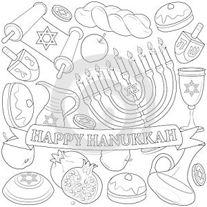 Happy Hanukkah Coloring page. Greeting card. line art, black and white.