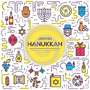 Happy hanukkah day thin line illustration background. Outline icons elements for holiday. Vector object jewish