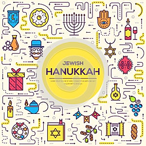 Happy hanukkah day thin line illustration background. Outline icons elements for holiday. Vector object jewish traditional on