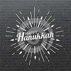 Happy Hanukkah. Font composition with geometric hand drawn sunbursts and candles in vintage style on cardboard texture. Vector Hol