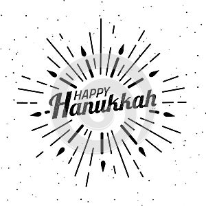 Happy Hanukkah. Font composition with geometric hand drawn sunbursts, sun beams and candles in vintage style. Vector Holiday Relig