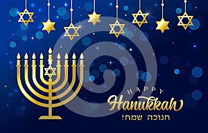 Happy Hanukkah, golden menorah and David stars