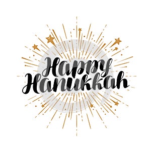 Happy Hanukkah greeting card or banner. Jewish holiday, handwritten lettering vector