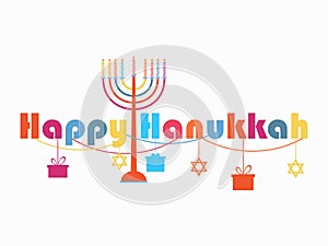 Happy Hanukkah greeting card. Candlestick with nine candles. Garland with hanging gifts. Vector