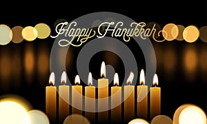 Happy Hanukkah greeting card of golden font and candles for Jewish holiday design background. Vector Chanukah or Hanukah lights fe