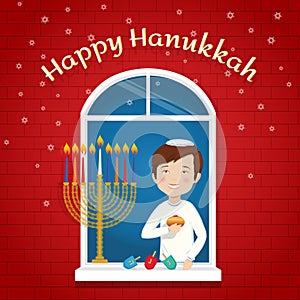 Happy Hanukkah Greeting card Jewish holiday boy with traditional symbols